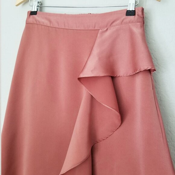 Zara Sateen Silk Satin Asymmetric Ruffle Midi Skirt Mauve Pink Size M Romantic - Picture 8 of 15